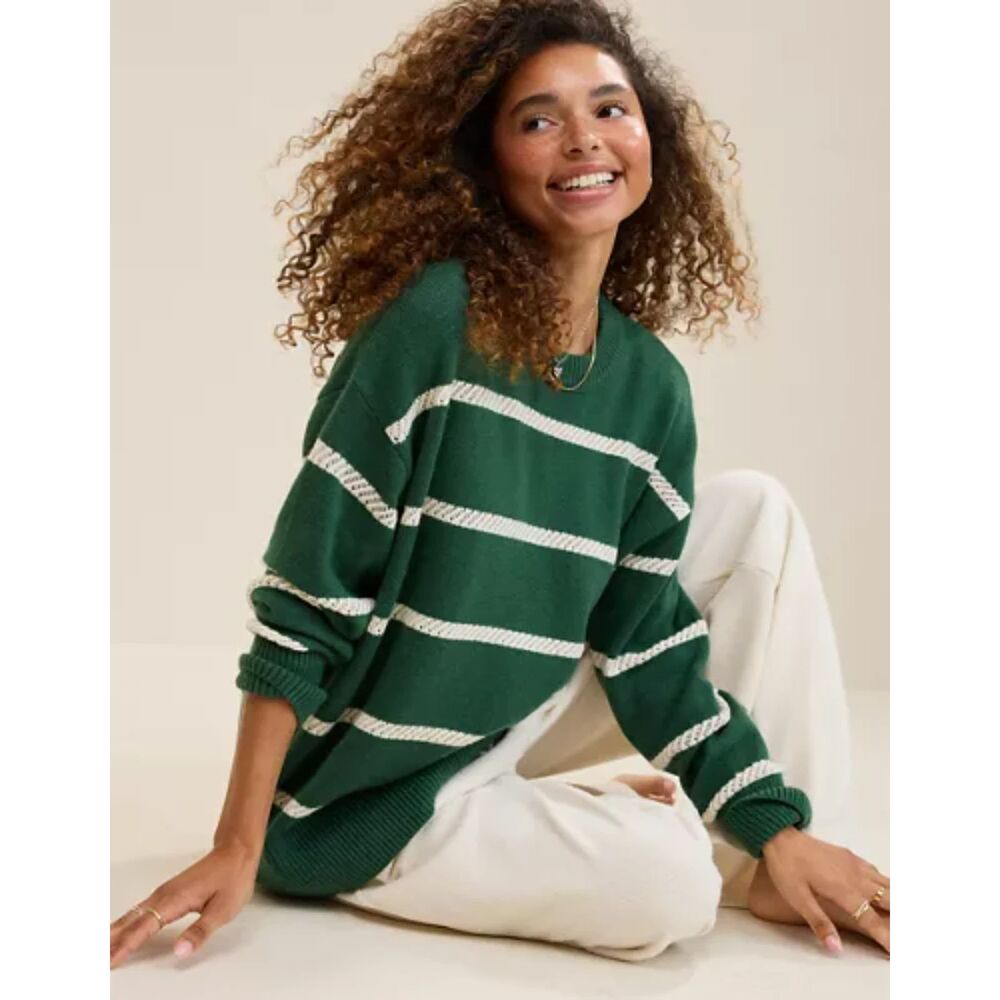 Aerie Softest Luxe Crew Sweater Women's S White Green Stripe Oversized Cozy Soft